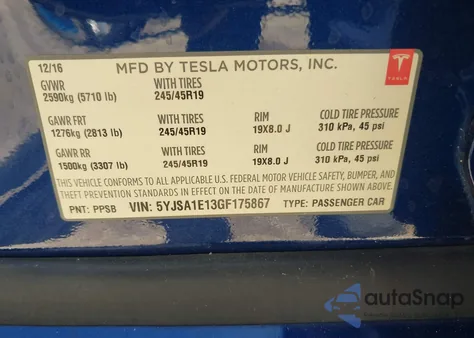 2016 Tesla Model S 60/70/75/85 из США, поврежденный, VIN 5YJSA1E13GF175867